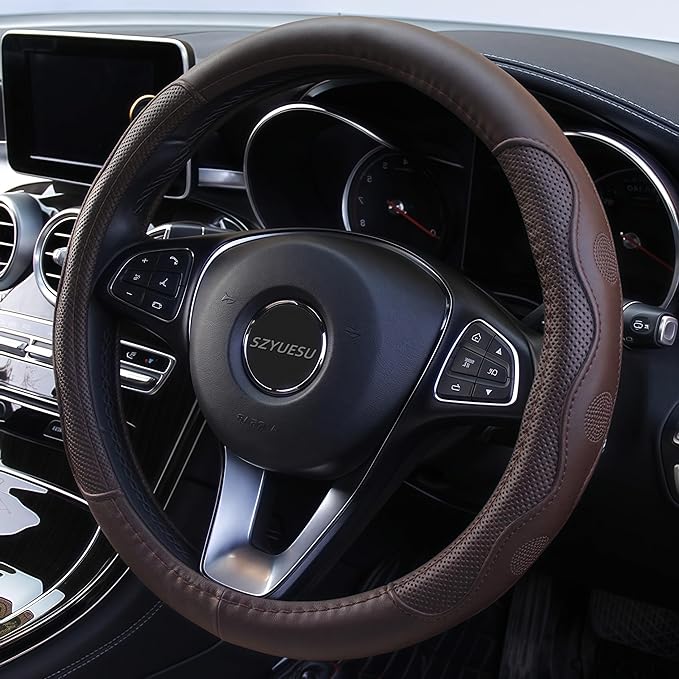 Leather Car Steering Wheel Cover with Anti-Slip Lining Universal 14.5-15 Inch (37-38 cm) Auto Microfiber Protector, Car Accessories for Most Cars, SUVs | Coffee