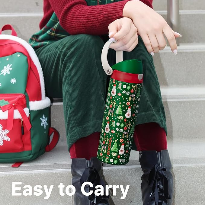 Christmas Insulated Water Bottle with Straw - Leak Proof Stainless Steel Water Bottle for School, Travel, Keeps Cold All Day, One-Touch Flip Lid, Holiday Gifts For Women Men, 24 oz, Frosty Forest