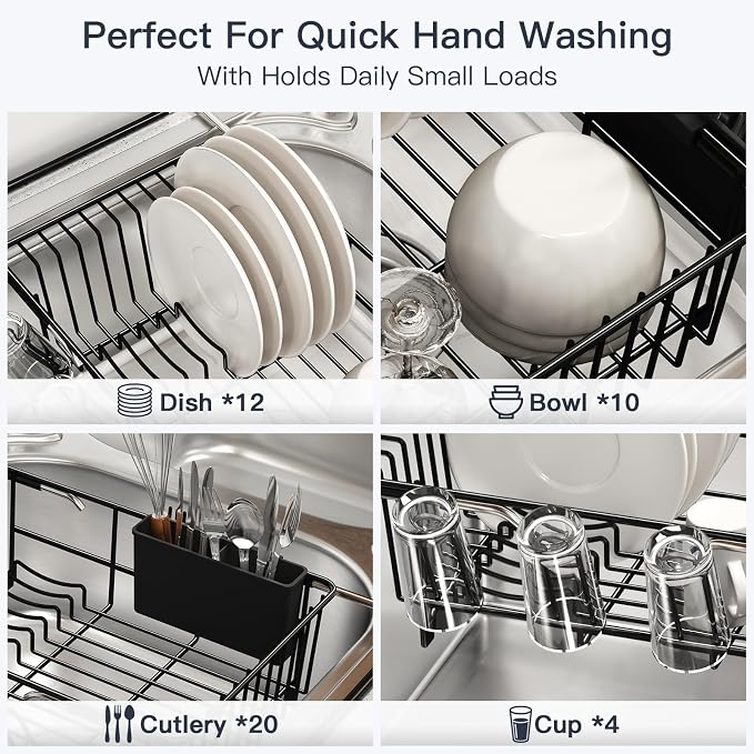 MAJALiS Dish Drying Rack Over The Sink with Utensil Holder, Mat | Expandable Stainless Steel Dish Drainer for Small Kitchen, Apartment, RV, Counter Space Saving, Perfect Fit, Rustproof