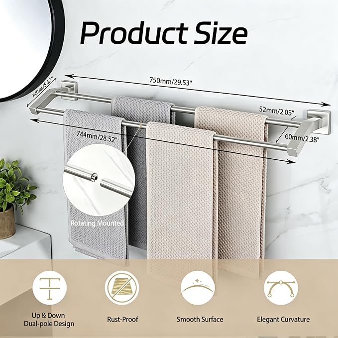 Alise Double Towel Bar, 28 Inch Towel Rack for Bathroom Wall Mounted, SUS304 Stainless Steel Bathroom Towel Holder Joining Process Towel Rail for Bathroom, Brushed Nickel