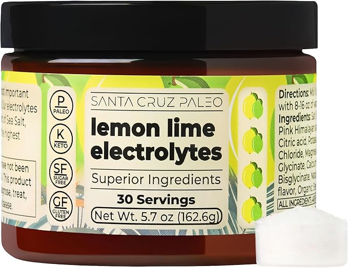 Santa Cruz Paleo Electrolyte Powder, Lemon Lime Flavor, Sugar Free Hydration Drink Mix with Himalayan Pink Salt, Sea Salt, Magnesium Glycinate, Potassium Chloride, Sweetened with Stevia, 30 Servings