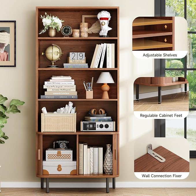 ONBRILL 71" Tall Bookshelf, 4-Tier Bookcase with Storage Cabinet & Adjustable Storage Shelf, Freestanding Wood Bookshelf with Sliding Door and Adjustable Footpad, for Home Office, Living Room, Walnut