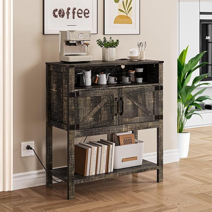 Console Table with Outlets, Farmhouse Coffee Bar Cabinet, 31.5 l x 13.8 D x 35.5 H, Entryway Table with Storage Cabinets for Living Room, Couch, Hallway, Foyer, Kitchen (Dack Grey)