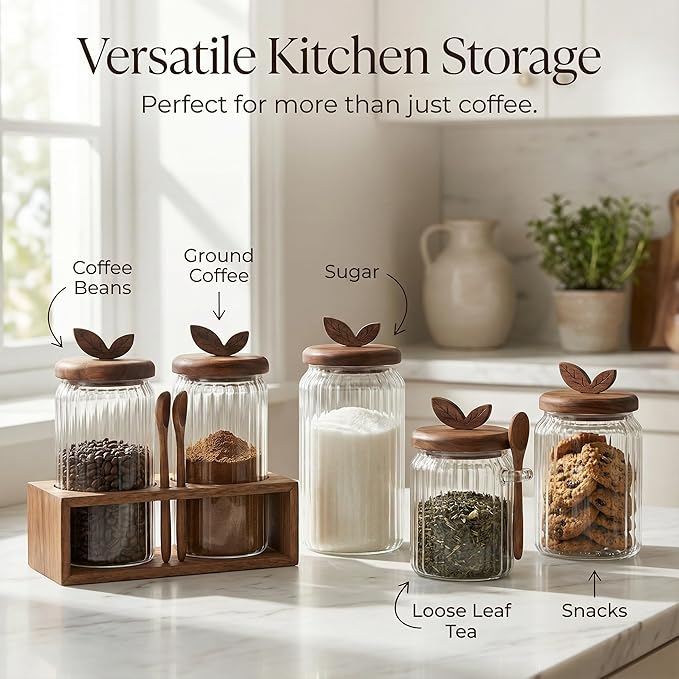 Coffee Bar Glass Canister Set – 2 × 34 floz Airtight Glass Jars with Acacia Wood Lids, 2 Acacia Wood Spoons & Acacia Organizer Tray