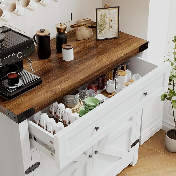 YESHOMY Coffee Bar and Accent Cabinet, Farmhouse Barn Door Buffet Sideboard with Drawer and Adjustable Shelf, Wide Desktop for Kitchen, Dining Room, Bathroom, Entryway, White＆Rustic