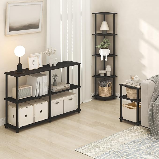 Furinno Turn-N-Tube Side Table, 3-Tier End Table with Open Shelf, Toolless Assembly Night Stand, Bedside Table, for Living Room, Bedroom, Dark Americano