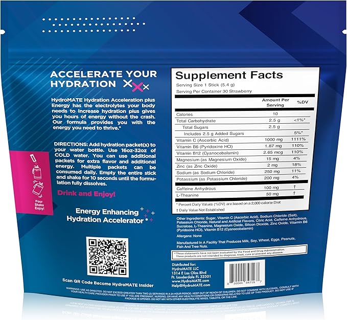 NatureWorks HydroMATE Electrolytes Powder Drink Mix Packets Hydration Accelerator Low Sugar Rapid Party Relief Recovery Vitamin C Plus Caffeine Strawberry 16 Count (Pack of 2)
