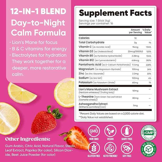 Venture Pal Calm Drink Mix, Cortisol Reducer and Sleep Aid with Magnesium Glycinate, Ashwagandha, L-Theanine,Vitamin D, Calm Magnesium Powder for Relax & Focus, No Sugar, Non GMO, Vegan & Gluten-Free