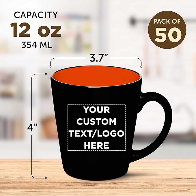 Custom Ceramic Coffee Latte Mugs 12 oz. Set of 50, Personalized Bulk Pack - Perfect for Coffee, Tea, Espresso, Hot Cocoa, Other Beverages - Orange