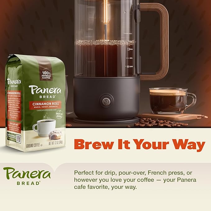 Panera Coffee Cinnamon Roll Ground Coffee, 100% Arabica Medium Roast, Bakery-Inspired Flavor, No Artificial Ingredients, 12oz Bag Pack of 6 (72 oz Total) for Home Brewing