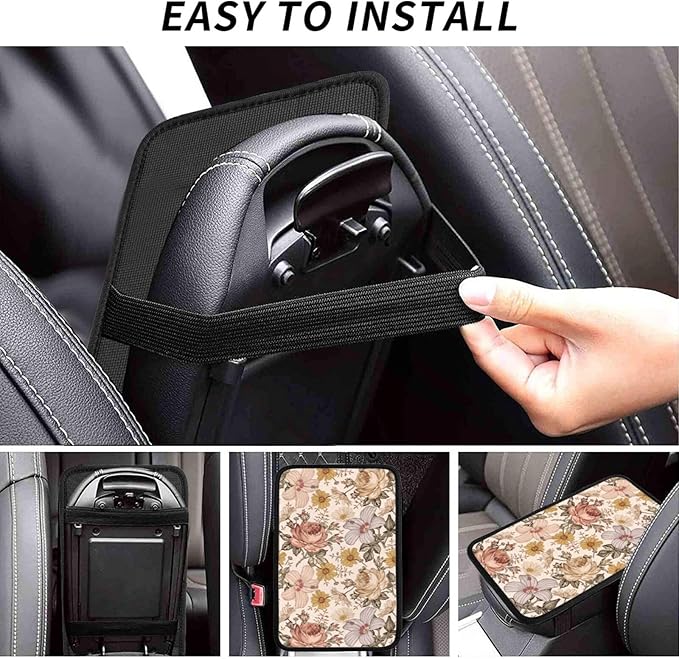 Vintage Floral Boho Peony Daisy Car Center Console Cover Car Armrest Cushion Waterproof Middle Console Cover Car Arm Rest Cover Pad Comfortable Car Accessories Interior for SUV Sedan Truck