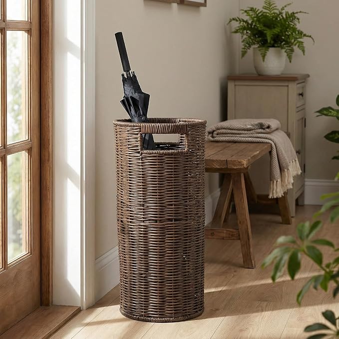 Rattan Umbrella Holder for Entryway with Drip Tray, 21''H Round Umbrella Stand for Indoor & Outdoor, Tall Wicker Basket for Storage, Woven Organizer for Home, Office, Hotel, Shop, Brown