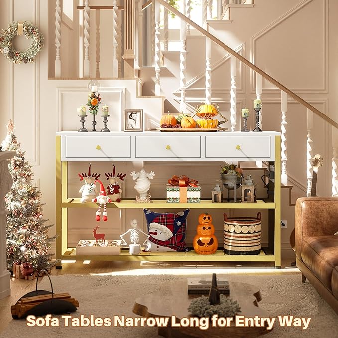 Ecoprsio 47'' Entryway Table with Outlets and USB Ports, Console Table with 3 Drawers, Sofa Table Narrow Long with Storage Shelves for Living Room, Couch, Hallway, Foyer, White and Golden