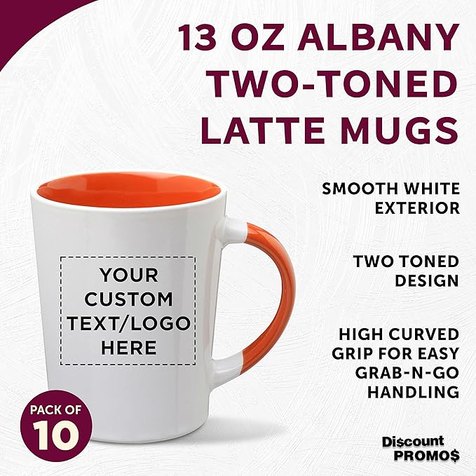 Custom Ceramic Latte Coffee Mugs by Albany 13 oz. Set of 10, Personalized Bulk Pack - Perfect for Coffee, Tea, Espresso, Hot Cocoa, Other Beverages - Orange