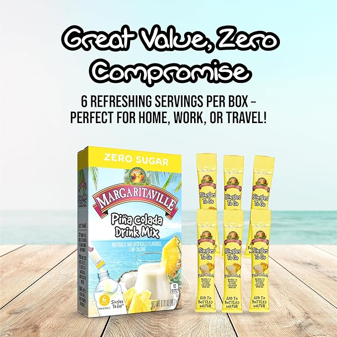 Margaritaville Singles To Go Water Drink Mix - Pina Colada Flavored, Non-Alcoholic Powder Sticks 6 CT, 0.70 Ounce (Pack of 4)
