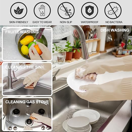 DABOGOSA Reusable Waterproof Household Dishwashing Cleaning Rubber Gloves, Non-Slip Kitchen Glove (Ivory, Large (Pack of 3))