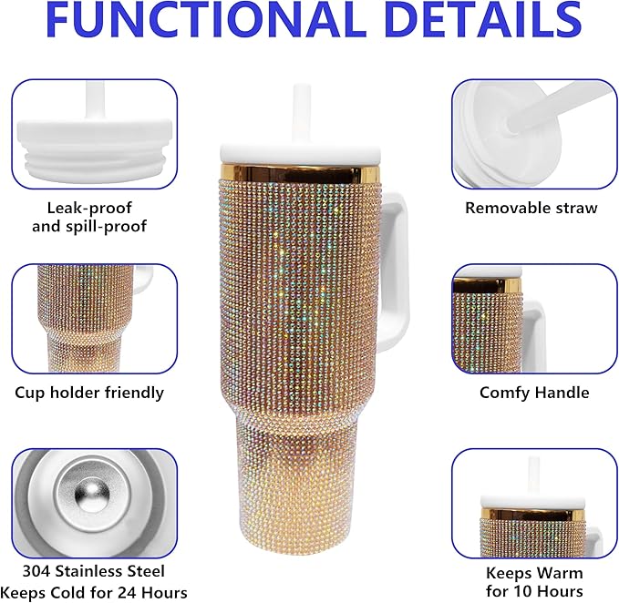 40-OZ Insulated Water Bottle,Insulated Stainless Steel Tumbler,Reusable Cold Drink Thermos,BPA-Free, Double-Wall Stainless Steel Water Bottle (Golden Copper Color-Diamond, 40, Fluid Ounces)
