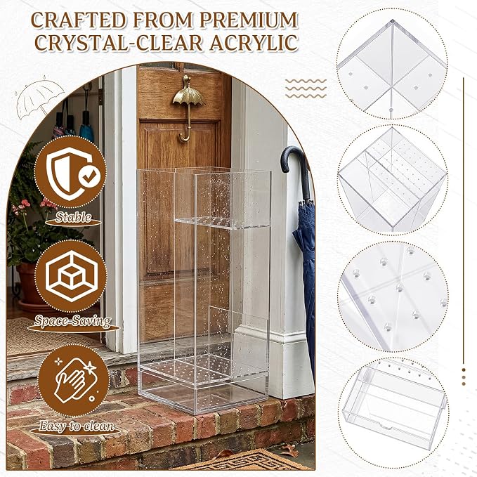 Leinuosen 9 x 9 x 22 Inch Clear Acrylic Umbrella Stand Organizer, Thick Freestanding Entryway Umbrella Holder with Long and Short Compartments, Modern Storage Rack for Home, Office and Lobby