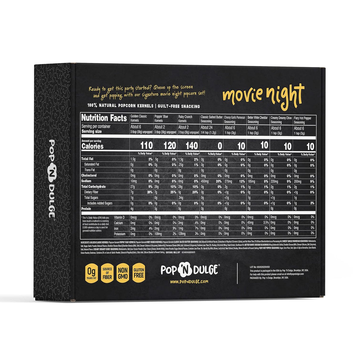 Pop n' Dulge popcorn movie night gift set with 5 gourmet kernels and 5 seasoning packs - 16 piece non-GMO kosher snacks
