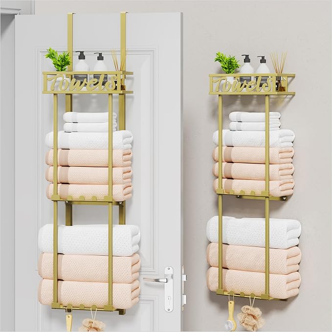 HapiRm Towel Rack Bathroom Storage - 3 Tier Over The Door & Wall Mounted Rolled Towel Racks Holder Organizer with Metal Shelf and 6 Hooks for Small Bathroom, Camper, Rv - Gold