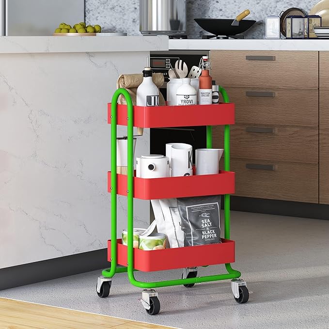 3-Tier Utility Rolling Cart,Kitchen Storage Carts with Wheels,Metal Rolling Cart for Office,Home,Kitchen,Garden（13.4"x18.1"x31"） Red+Green