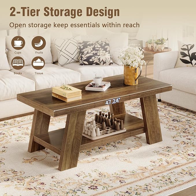 Tohomeor 47.24" Coffee Table for Living Room, Farmhouse Solid Wood Coffee Table with Storage, Rectangle Rustic Accent Center Table with for Home Apartment Office, Retro Brown