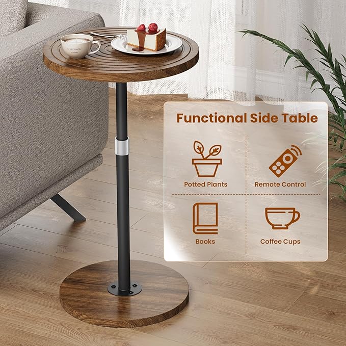 Round Side Table Set of 2, Adjustable-Height Small Drink Table, Pedestal Martini Stand, Weighted Base Cocktail Table Accent Nightstand for Living Room, Bedroom, Bathroom, Office, Walnut