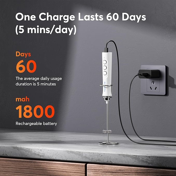 MF02 Rechargeable Milk Frother Handheld Foam Maker with Stainless Whisk for Cappuccino, Latte, Bulletproof Coffee, Keto Diet, Protein Powder, Matcha (Pure White)