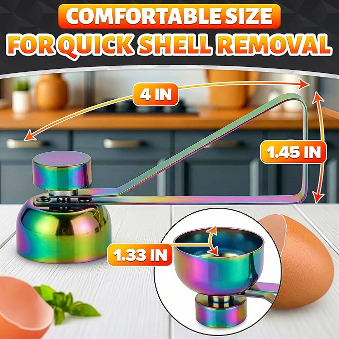 Egg Cracker Tool for Raw Eggs — Egg Shell Opener for Soft-Boiled Shell Tops, Stainless Steel Topper with Ergonomic Adjustable Effort — Clean Cut Design for Breakfast Prep, Custards, & Baking (Rainbow)
