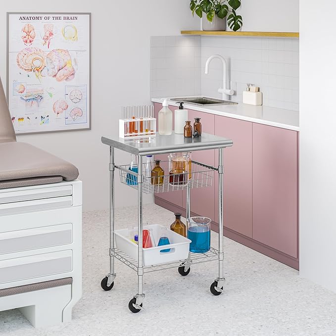 Seville Classics Commercial Work Table Island Utility Cart Prep Station, for Restaurant, Kitchen, Warehouse, Garage, Hotel, Home, Stainless-Steel Top NSF , 24" W x 20" D