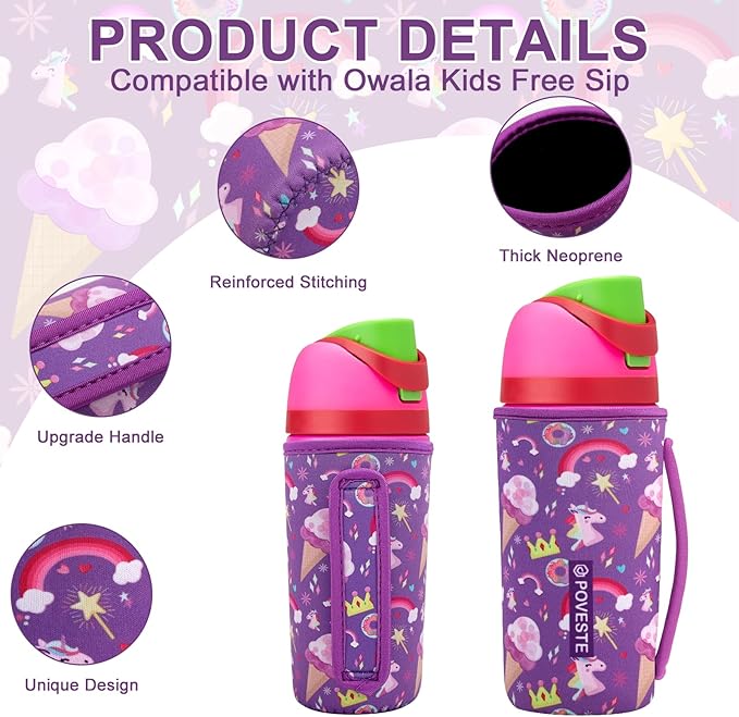 Water Bottle Sleeve with Handle for Owala Kids FreeSip 16 oz, Water Bottle Scratch Resistant Sleeve, Neoprene Cover Compatible with Owala 16 oz for Boys Girls to School Travel