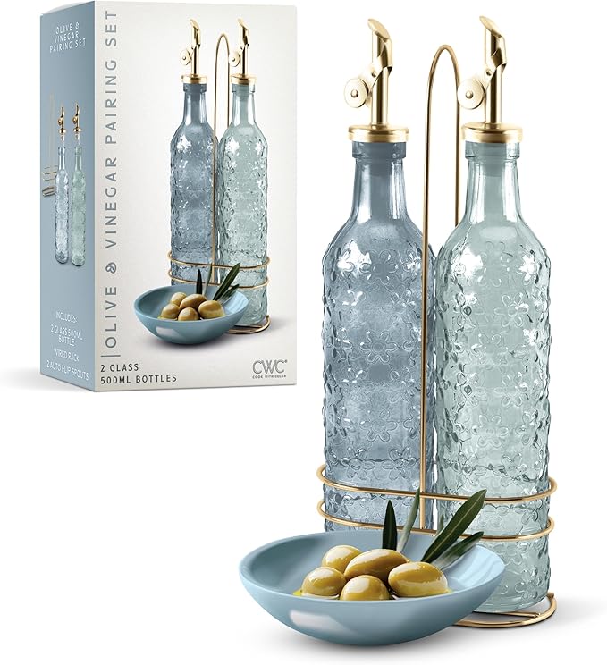 COOK WITH COLOR Glass Olive Oil Bottle Dispenser - 2 Pack- 17oz Oil and Vinegar Cruet - Olive Oil Carafe Decanter for Kitchen, Floral, Blue