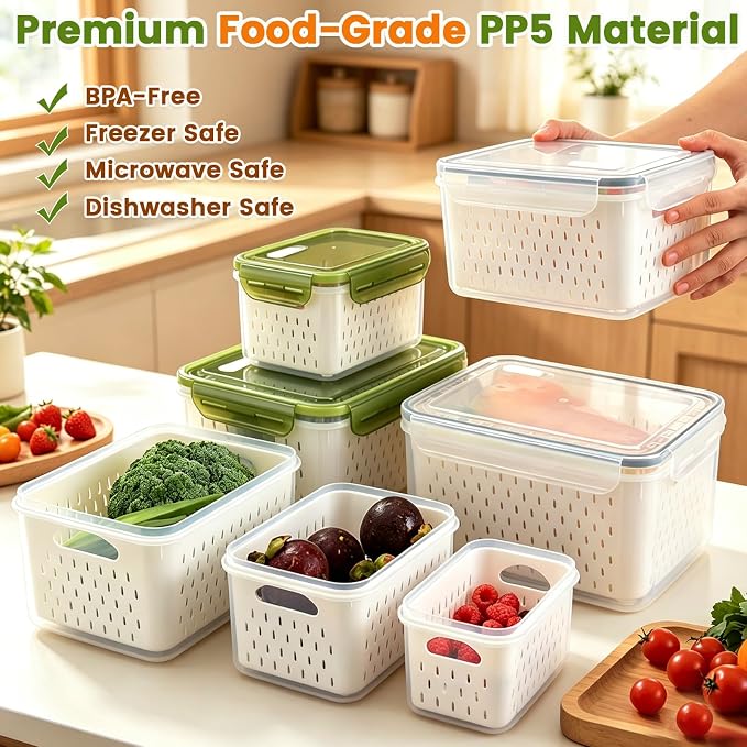 TBMax 8 Pieces Airtight Fruit Storage Containers for Fridge with Air Circulation Vent, 4 Pack Produce Saver with Colander for Berry Lettuce Salad Vegetable Storage, Refrigerator Organizers