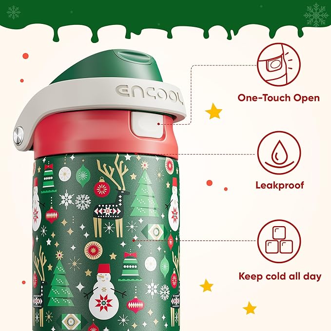 Christmas Insulated Water Bottle with Straw - Leak Proof Stainless Steel Water Bottle for School, Travel, Keeps Cold All Day, One-Touch Flip Lid, Holiday Gifts For Women Men, 24 oz, Frosty Forest