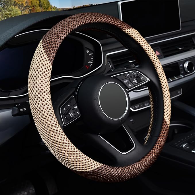 KAFEEK Steering Wheel Cover, Universal 15 inch, Microfiber Breathable Ice Silk, Anti-Slip, Odorless, Beige& Brown