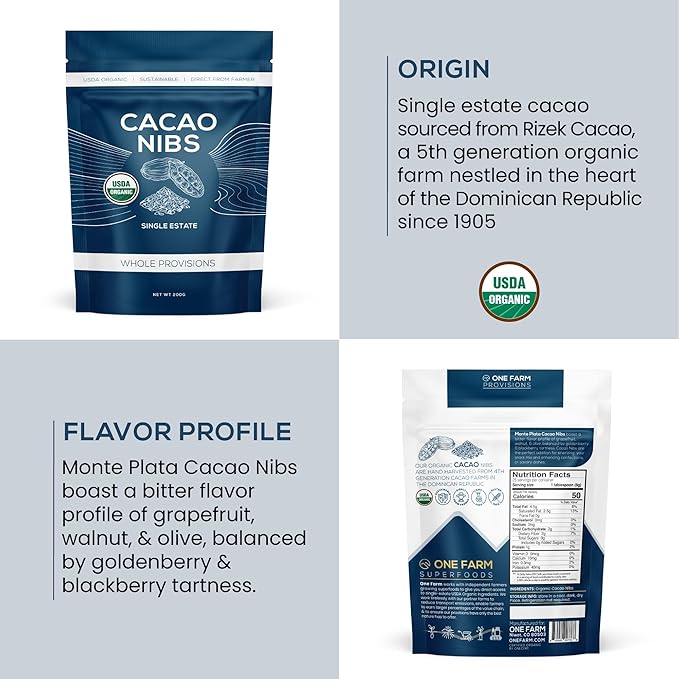 One Farm by WAAYB Organic Cacao Nibs, Single Estate, Non-GMO, Fair-Trade, Vegan, Gluten Free, 100% Raw Rizek Cacao Nibs in Resealable Bag - 7 oz (25 servings)