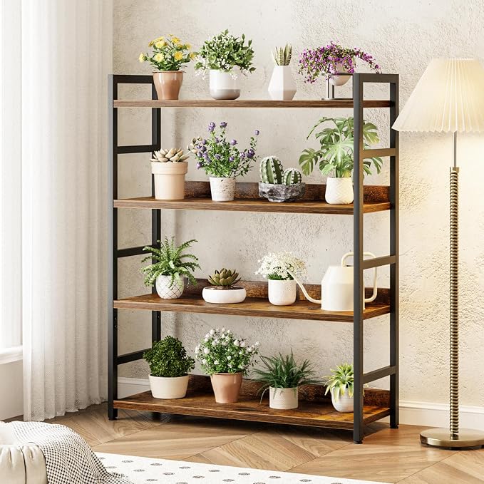 NUMENN 4 Tier Wide Bookshelf for Living Room and Home Office, Vintage | Bookshelves, Home Office Bookcase Shelf Storage Organizer, Free Standing Storage Shelving Unit for Bedroom