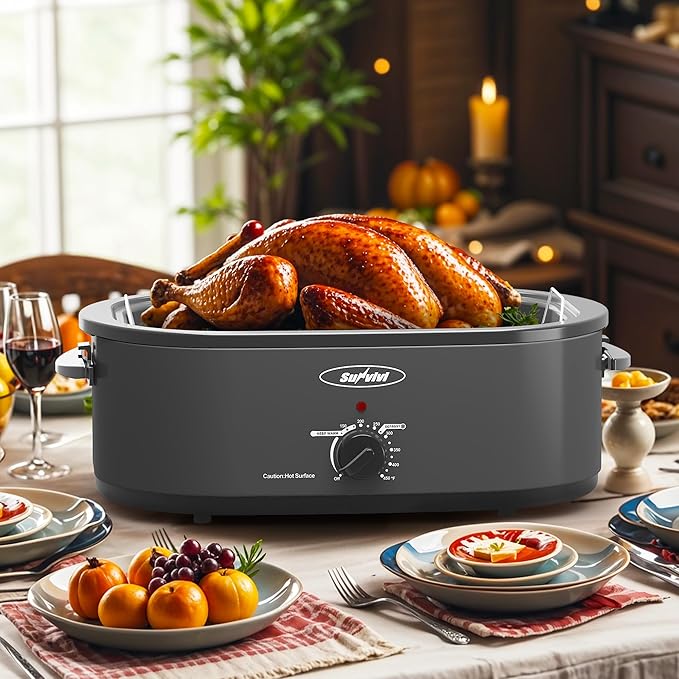 Sunvivi Electric Roaster,20 Quart Roasting Oven with Self-Basting Lid Removable Pan,Turkey Roaster Oven with 150 to 450F Temperature Control Cool-Touch Handles,Grey