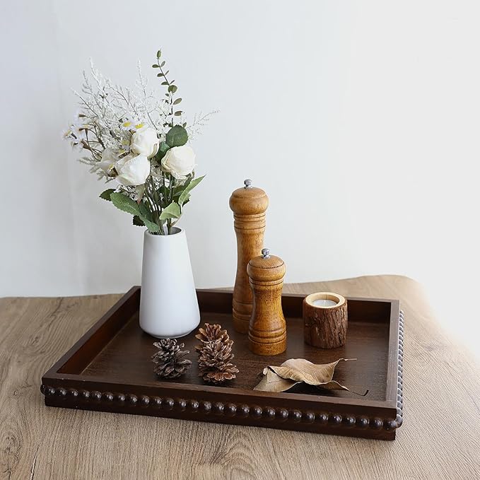 Wood Decorative Tray, Distressed Outdoor Serving Tray with Wooden Bead for Ottoman, Coffee Table, Entertaining, Home Decor, Rectangular 15.7”*11.8”*1.57” (Dark Brown)