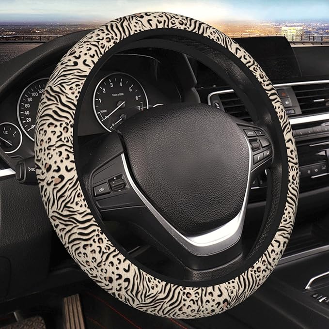 Leopard Zebra Print Steering Wheel Cover for Women Men Girls, Car Accessories Decor Thickened Anti-Slip Auto Steering Wheel Covers Protector Universal Fit 15 Inch for Cars, Truck, SUV