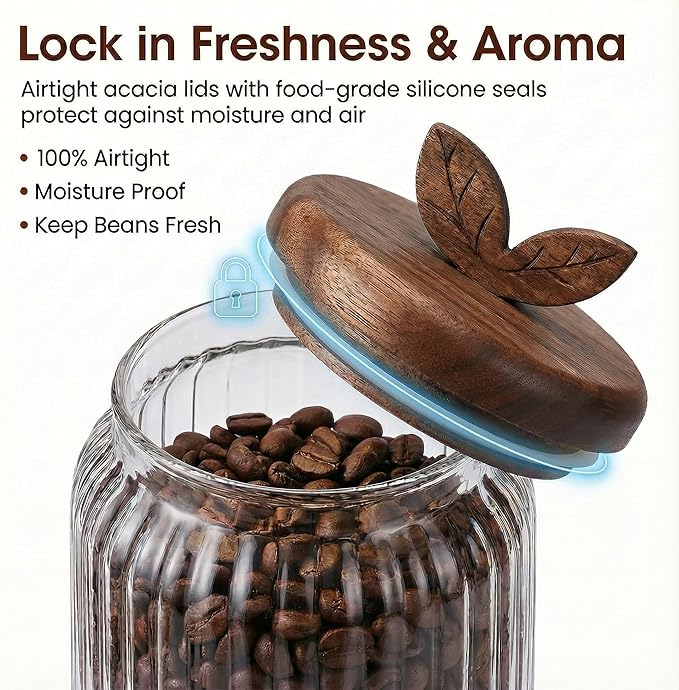 Coffee Bar Glass Canister Set – 2 × 34 floz Airtight Glass Jars with Acacia Wood Lids, 2 Acacia Wood Spoons & Acacia Organizer Tray