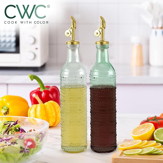 COOK WITH COLOR Glass Olive Oil Bottle Dispenser - 2 Pack- 17oz Oil and Vinegar Cruet - Olive Oil Carafe Decanter for Kitchen, Champagne Bubbles, Green