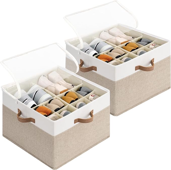StorageWorks Shoe Organizer for Closet, Foldable Shoe Storage Box with Adjustable Dividers, Shoe Closet Organizer for Heels, Sneakers, Fits up to 16-32 Pairs, Brown & White