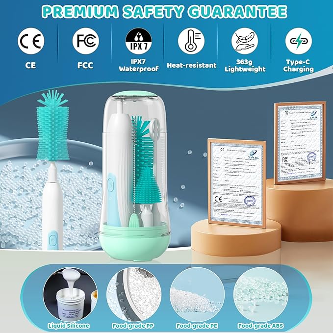 IvyWind Electric Travel Baby Bottle Brush Set with Storage Box, Automatic Bottle Cleaner Brush Kit with Silicone Bottle/Nipple/Straw Brush, Milk Frother Electric and Drainage Rack, Rechargeable, Green