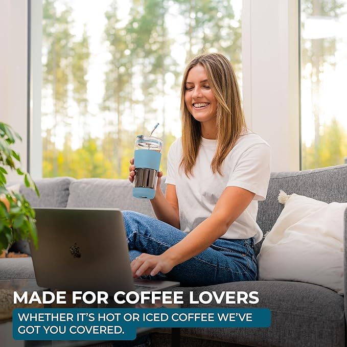 19 oz. Double Wall Glass Coffee Tumbler, To Go Travel Mug with Lid, Portable Glass Thermos with Straw, Reusable Cup, Tea, Smoothies, Ice Coffee, and Boba