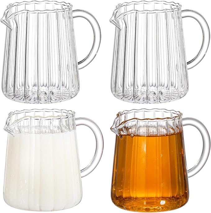 Yarlung 4 Pack Small Glass Pitcher, 8.5 Oz Clear Milk Creamer Pitcher with Handle, Creative Milk Frothing Coffee Pitcher for Table Serving, Salad Sauce