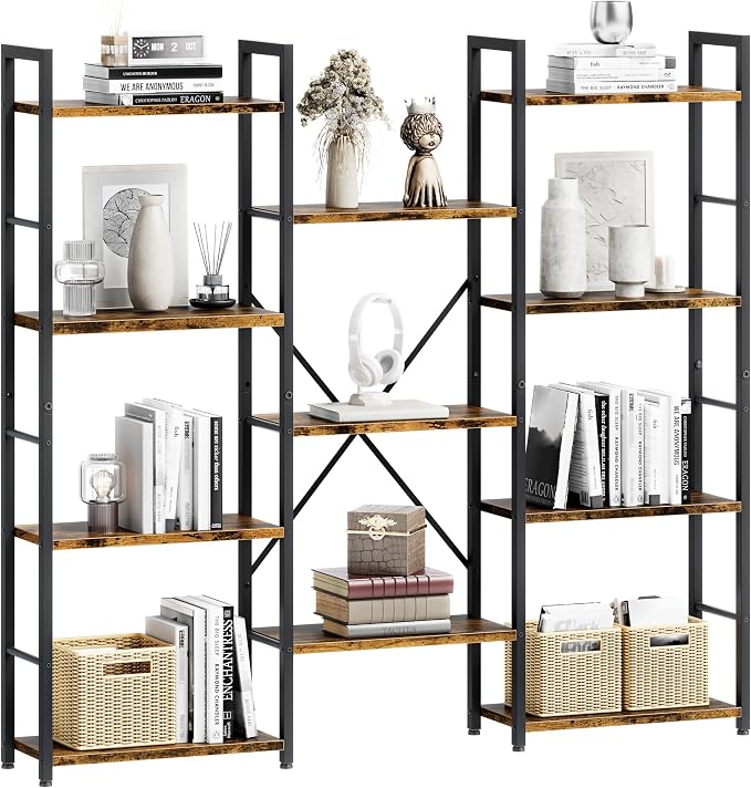 Shintenchi Triple Column 4 Tier Bookshelf, Industrial Large Bookcase Display Shelves, Large Etagere Bookshelf,Wide Book Shelf Book Case for Home & Office, Rustic Brown