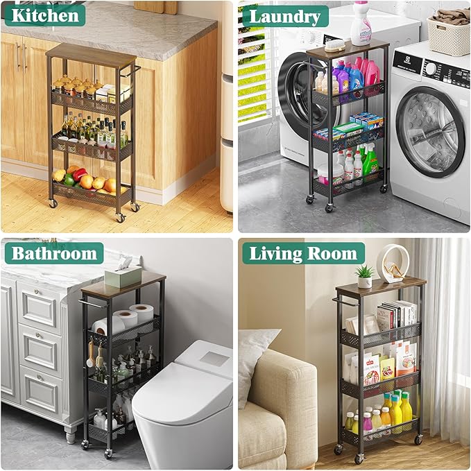 Giwil Slim Rolling Storage Cart 4 Tier Bathroom Organizer Mobile Shelving Unit Utility Cart with Wood Top and Handle for Kitchen Laundry Narrow Places, Black