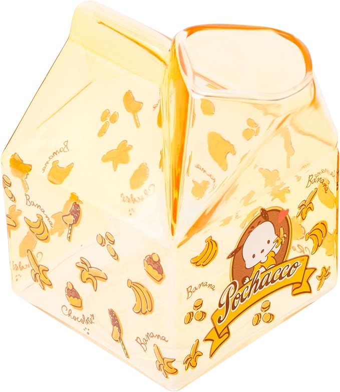 Silver Buffalo Sanrio Hello Kitty and Friends Featuring Pochacco Bananas Yellow Glass Milk Cup, 11.9 Ounces