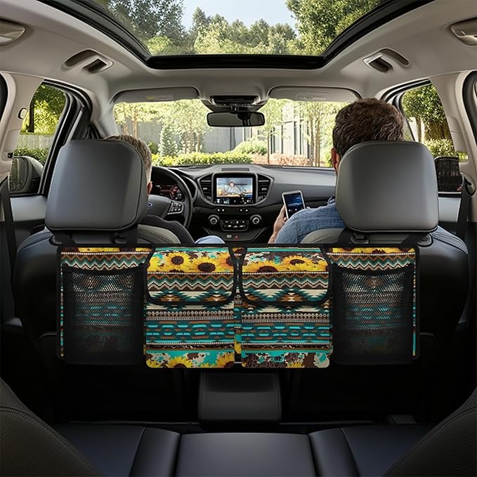 CLOHOMIN Aztec Tribal Trunk Organizer for Car Women Sunflower Car Organizer Backseat Hanging Storage Bag for SUV Vehicle Sedan Truck Foldable Car Cargo Storage Organizer